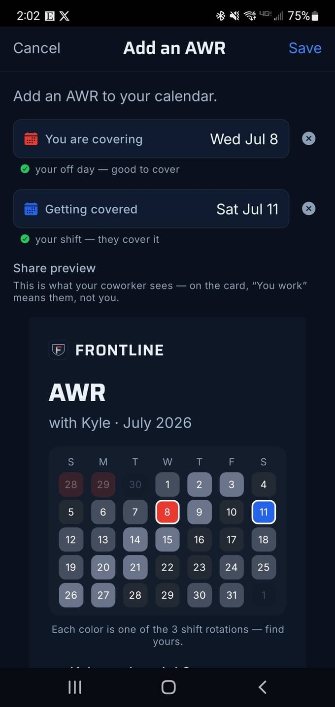 Frontline Add an AWR screen: choosing the day you're covering and the day you're getting covered, with a live share-card preview.