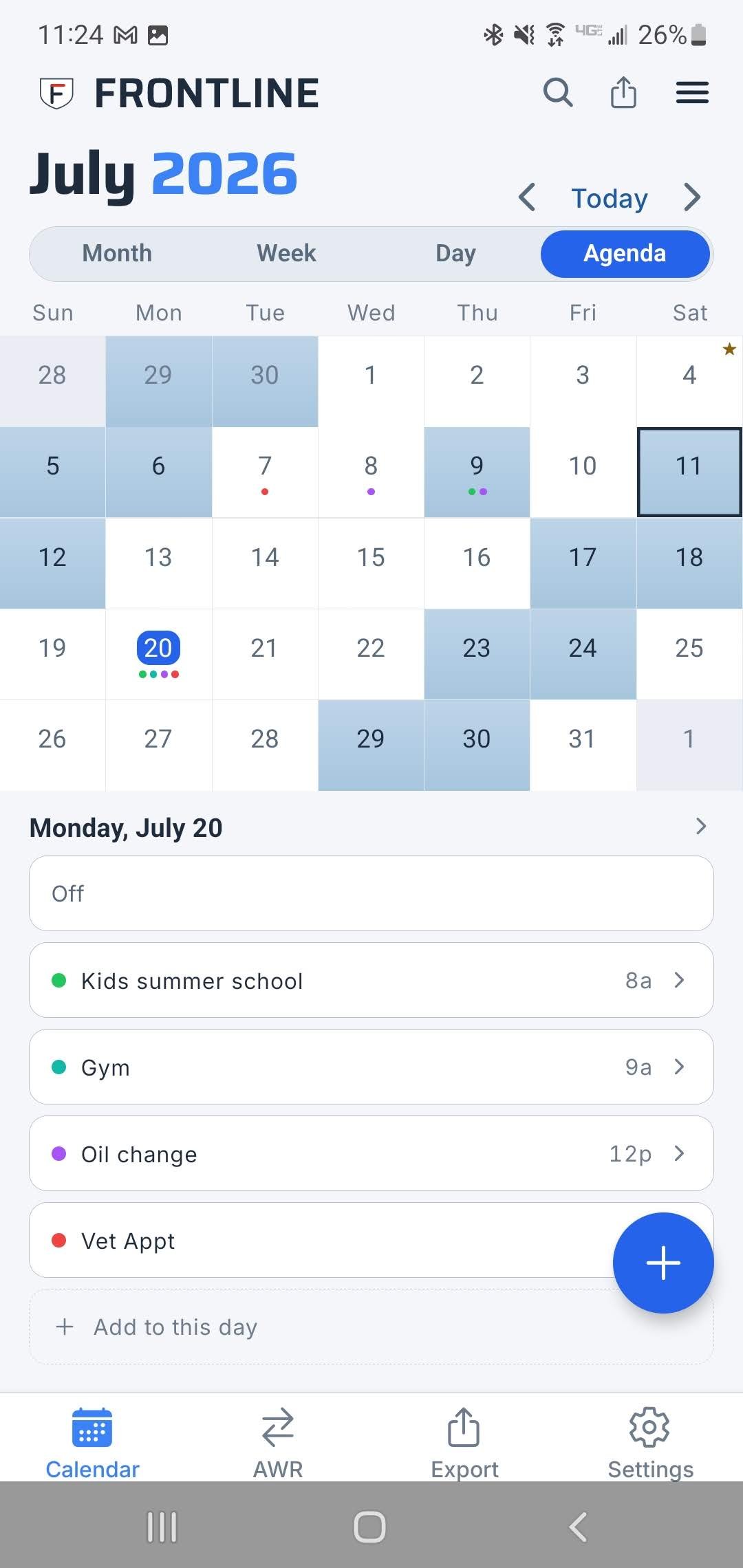 Frontline Agenda view in light mode: a compact month grid on top with the selected day’s full list of shifts and events below.