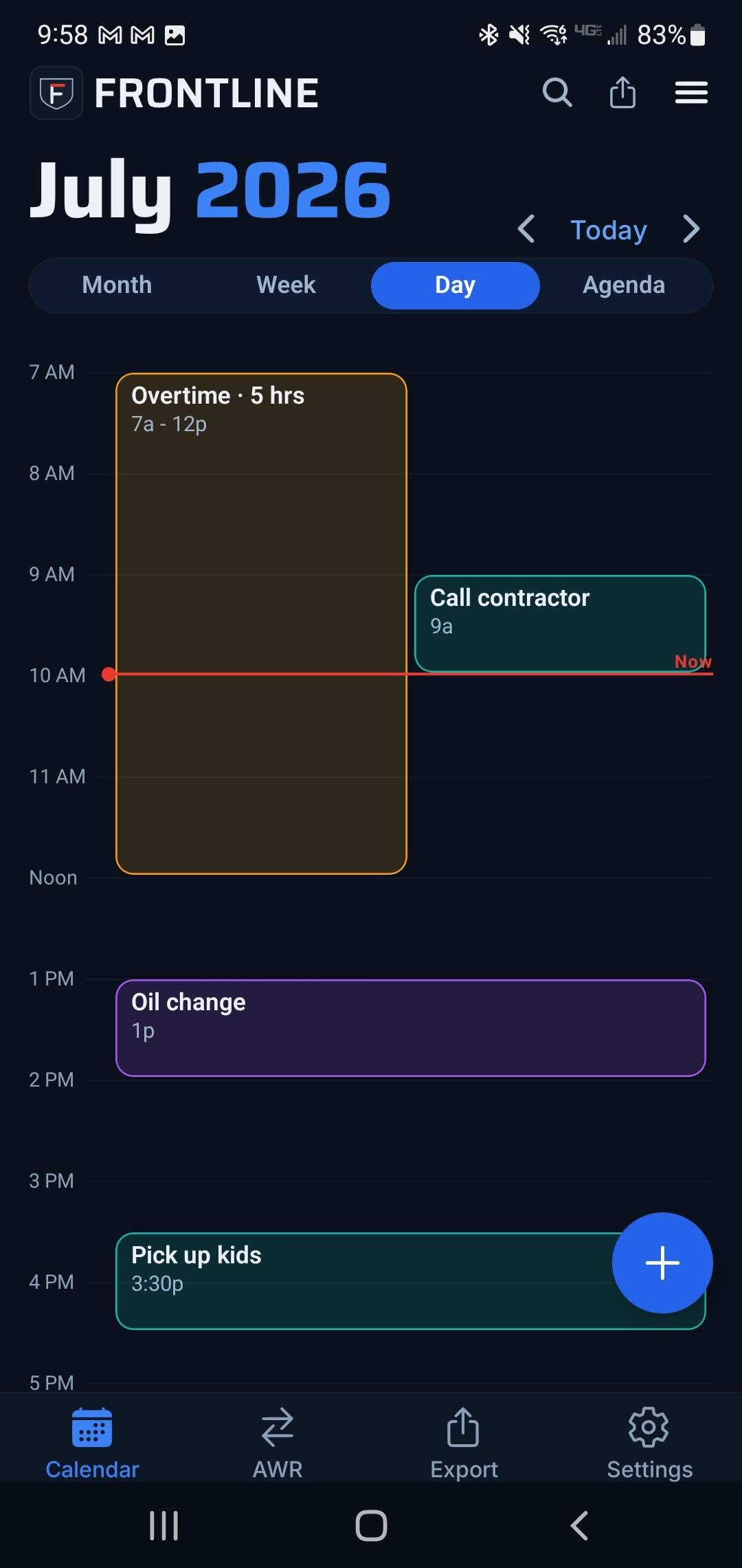 Frontline Day view: an hour-by-hour timeline of the day with a live "now" line.