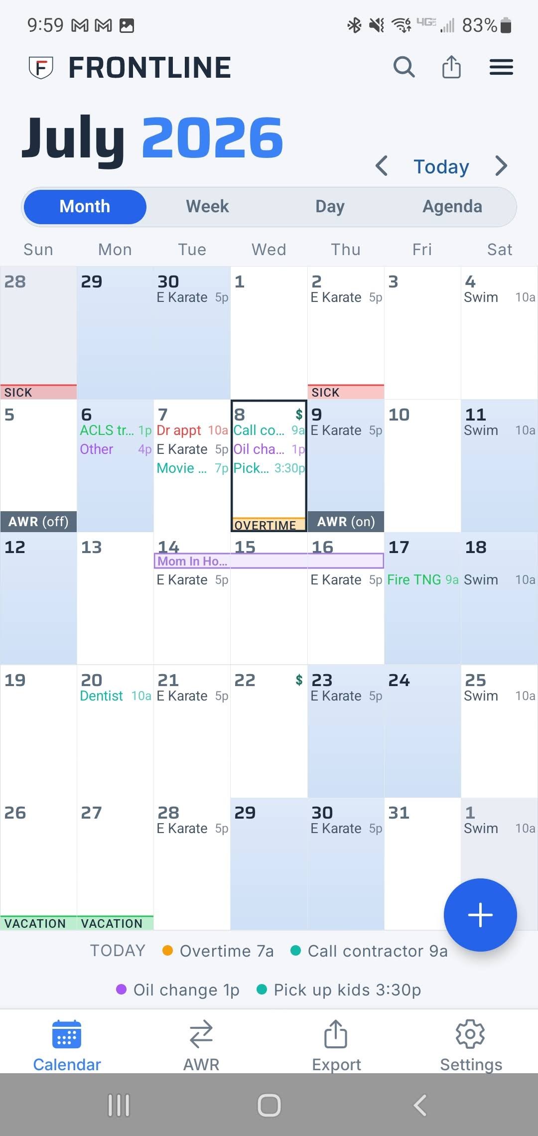 Frontline month calendar in light mode, the same July 2026 schedule.
