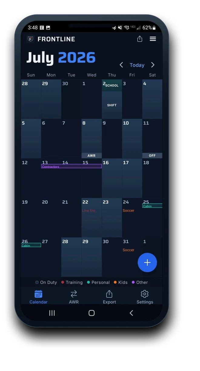 Frontline month calendar in dark mode: color-coded shifts and events, trades marked, and a ring on today.