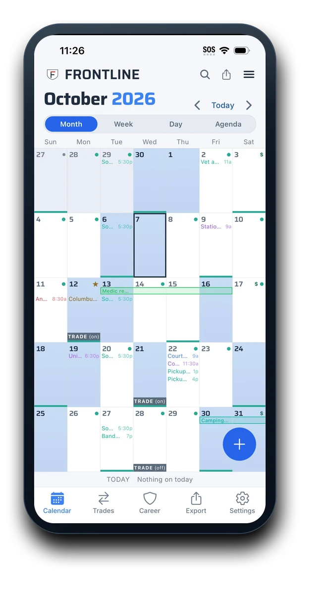Frontline month calendar for October 2026 in light mode on iPhone: shifts, trades, events and the Month, Week, Day and Agenda view switcher.